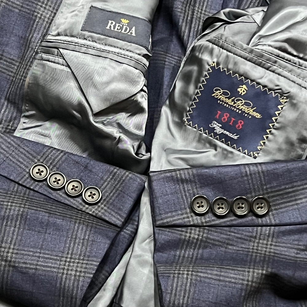 Brooks Brothers 1818 Fitzgerald Reda Wool Plaid Suit Jacket Navy 38R Blazer
